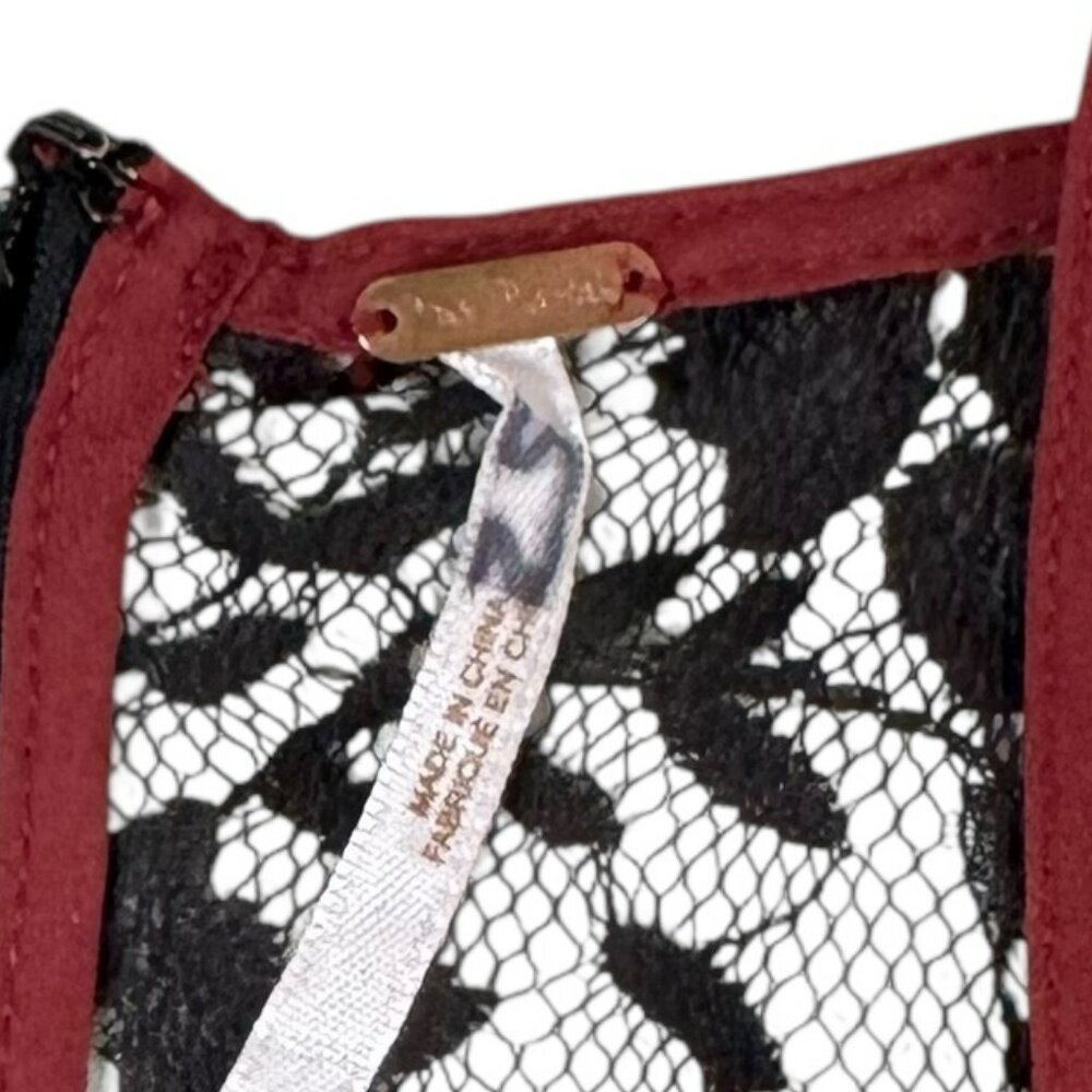 xFree People Black & Burgundy Lace Fit & Flare Mini Dress SZ:10  Sheer Open Back - Picture 9 of 11